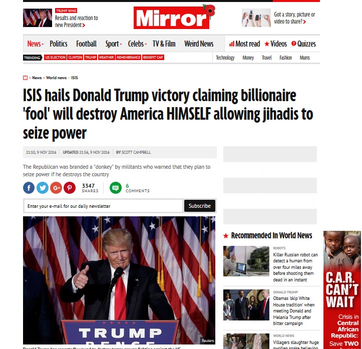 اولین واکنش داعش به انتخاب ترامپ