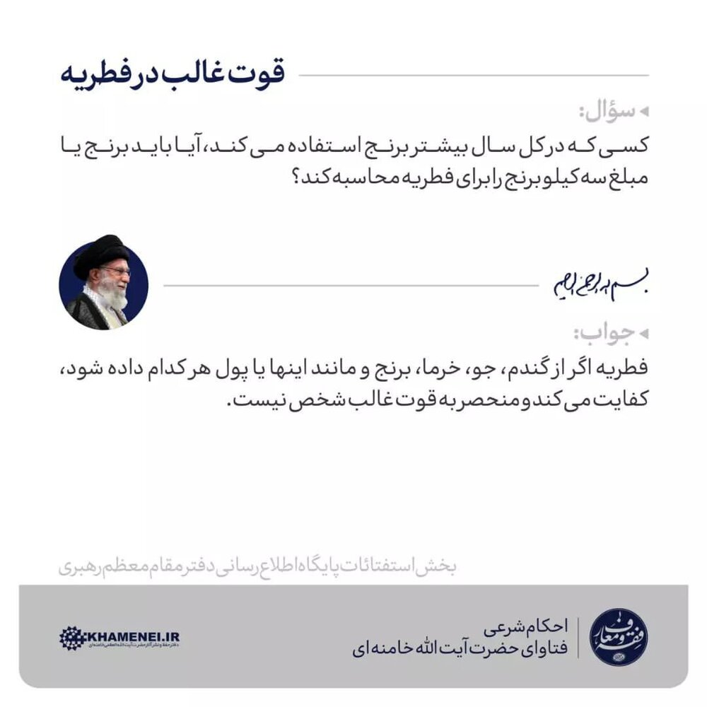 پاسخ رهبری به استفتاء درباره «قوت غالب» برای فطریه