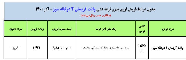 فروش فوری وانت آریسان بدون قرعه‌کشی و تنها با یک شرط