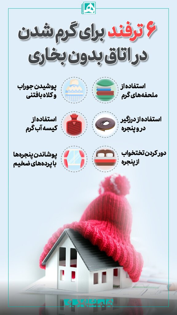 (اینفوگرافیک) ۶ترفند برای گرم شدن در اتاق بدون بخاری