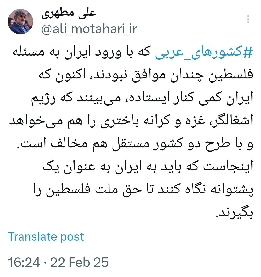 علی مطهری: کشور‌های عربی با ورود ایران به مسئله فلسطین موافق نبودند؛ حالا که ایران کنار ایستاده، دیدند اسرائیل غزه و کرانه باختری را هم می‌خواهد!