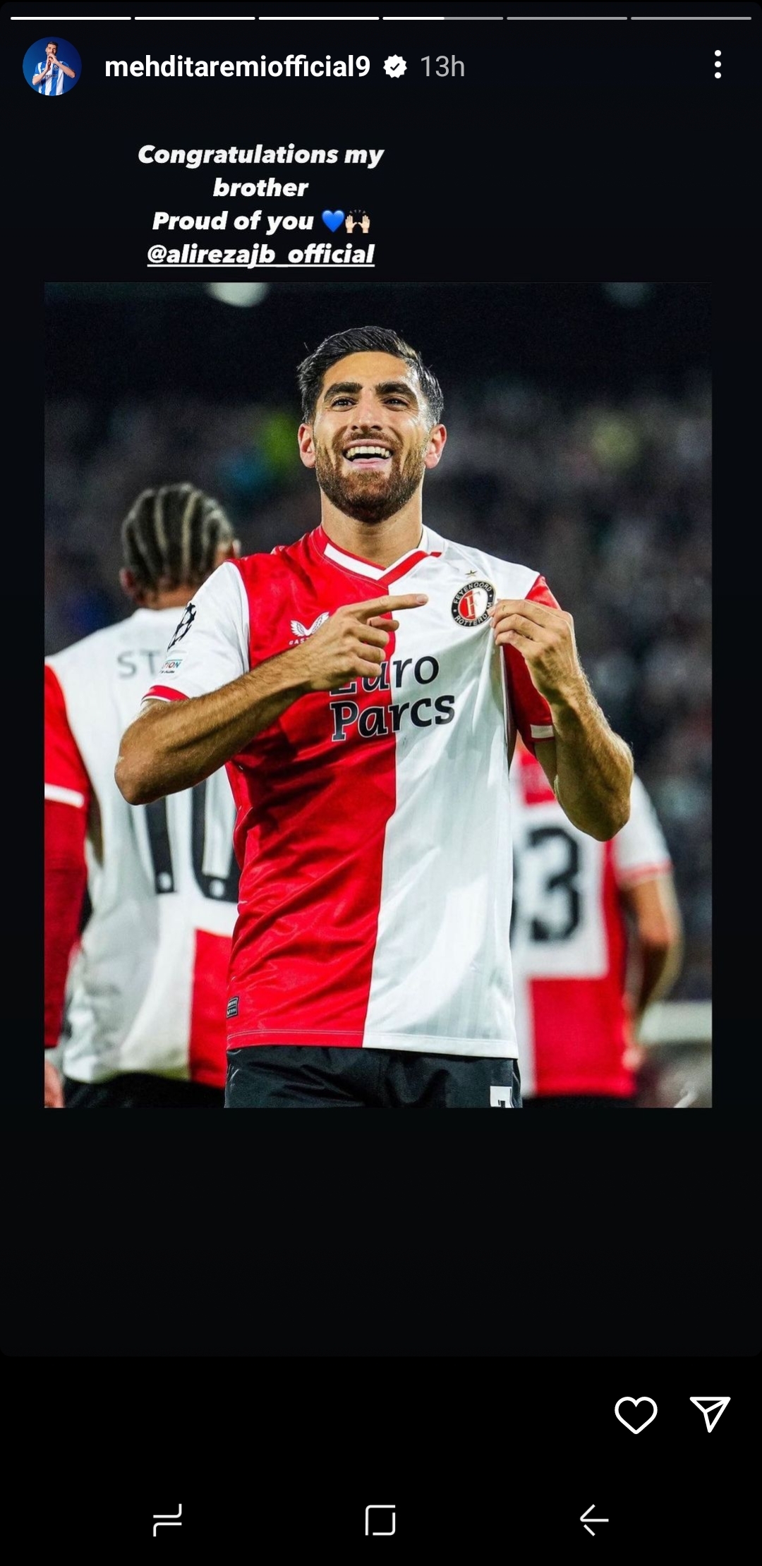 (عکس) استوری مهدی طارمی برای علیرضا جهانبخش