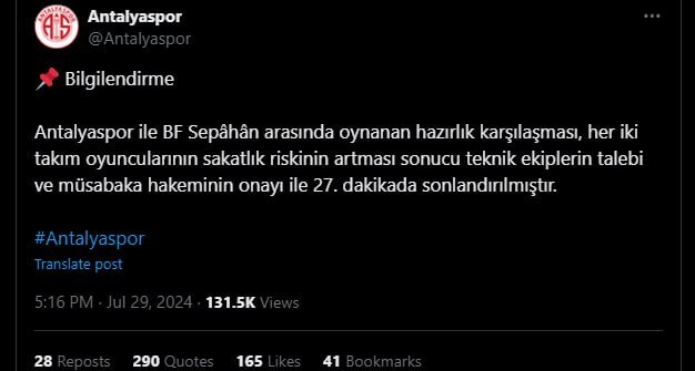 بازی سپاهان و آنتالیااسپور به یک دلیل عجیب ناتمام ماند بازی سپاهان و آنتالیااسپور به یک دلیل عجیب ناتمام ماند