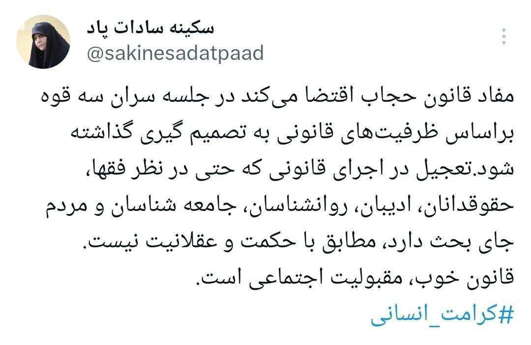 مفاد قانون حجاب در جلسه سران مورد تصمیم گیری قرار بگیرد / این قانون حتی در نظر فقها هم جای بحث دارد؛ تعجیل در اجرای آن، مطابق با عقلانیت نیست