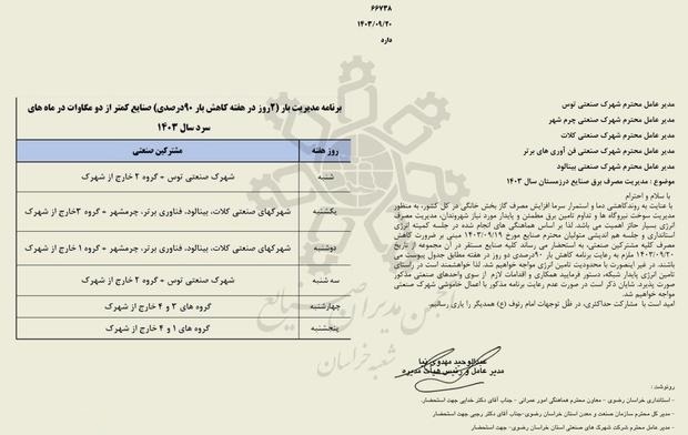 شرط عجیب استانداری مشهد برای تامین برق شهرک‌های صنعتی، دو روز در هفته تعطیل کنید!